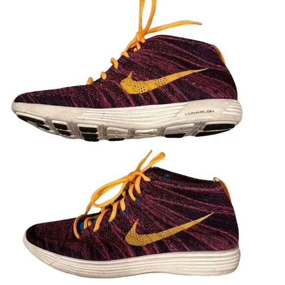 EUC Nike Lunar Flyknit Chukka Grand Purple Laser Orange